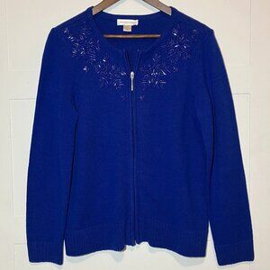 Christopher & Banks Blue Beaded Snowflake Full Zip Sweater Women's Medium Whimsy